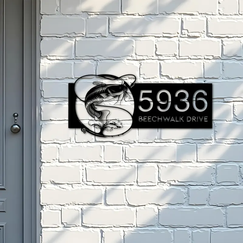 Custom Metal Catfish fishing rod bait hook Metal Address Sign, House number, Outdoor Number Signage, Yard Sign Address Plate
