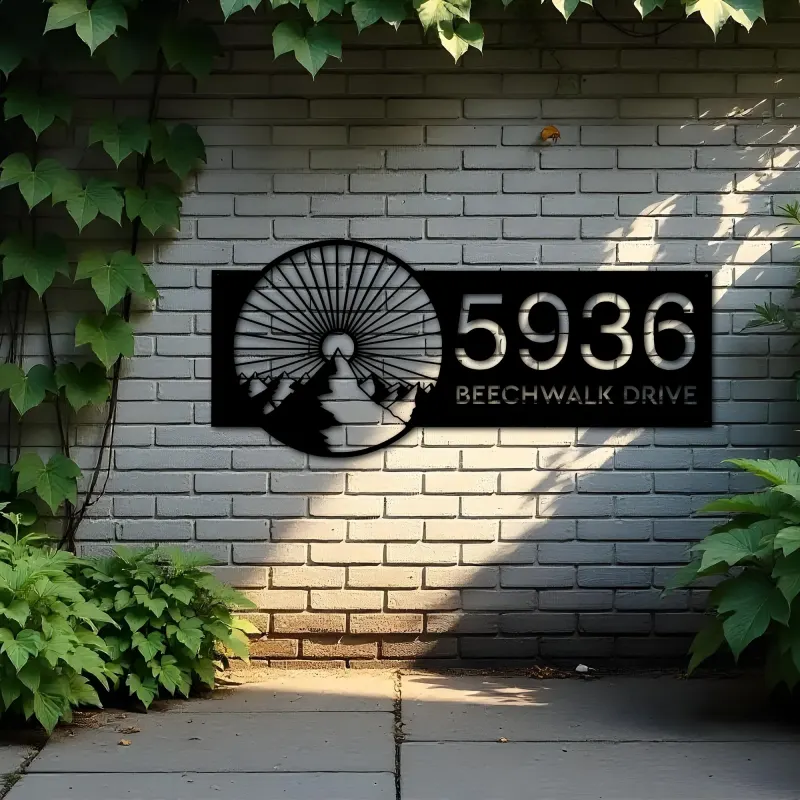Custom Metal Mountain scene Metal Address Sign, House number, Outdoor Number Signage, Yard Sign Address Plate001