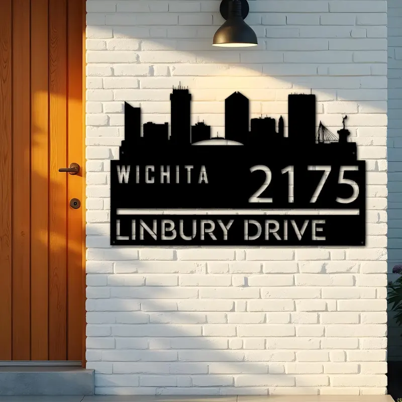 Custom Metal Wichita city skyline Metal Address Sign Hanging Address Plaque house number Yard Outdoor Sign