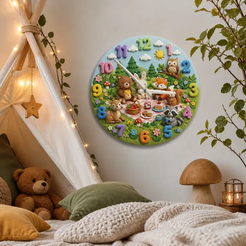 Woodland Animal Picnic Kids Room Wall Clock