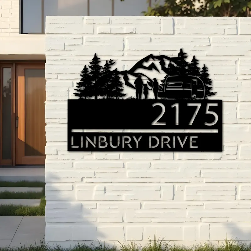 Custom Metal Camping trailer mountain pine tree Metal Address Sign, House number, Outdoor Number Signage, Yard Sign Address Plate