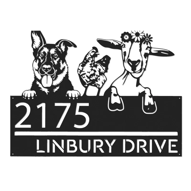 Custom Metal German shepherd chicken and goat Metal Address Sign, House number, Outdoor Number Signage, Yard Sign Address Plate