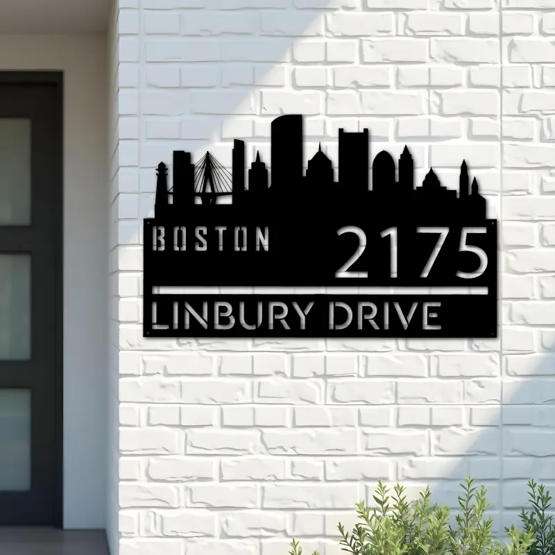 Custom Metal Boston city skyline Metal Address Sign Hanging Address Plaque house number Yard Outdoor Sign