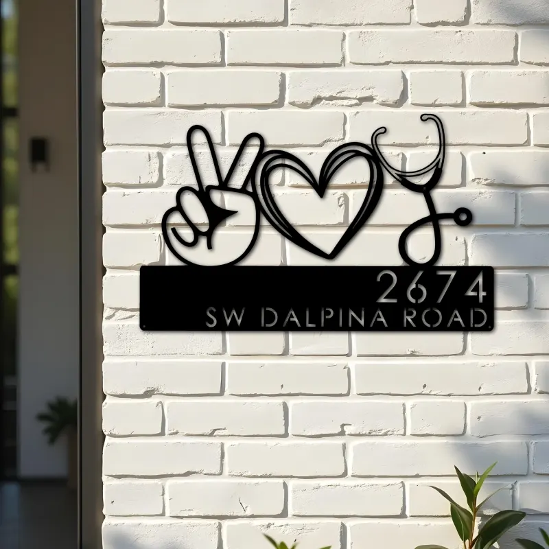 Custom Metal Peace love nursing Nurse Metal Address Sign, House number, Outdoor Number Signage, Yard Sign Address Plate