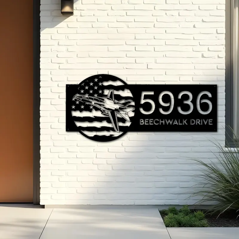 Custom Metal Tomcat Fighter Jet airplane US flag Metal Address Sign House number Hanging Address Plaque Yard Sign Outdoor