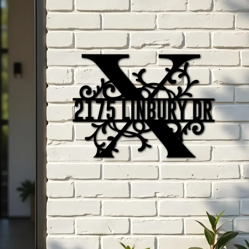 Custom Metal Floral Monogram Split Letter X Metal Address Sign House number Hanging Address Plaque Yard Sign Outdoor decor