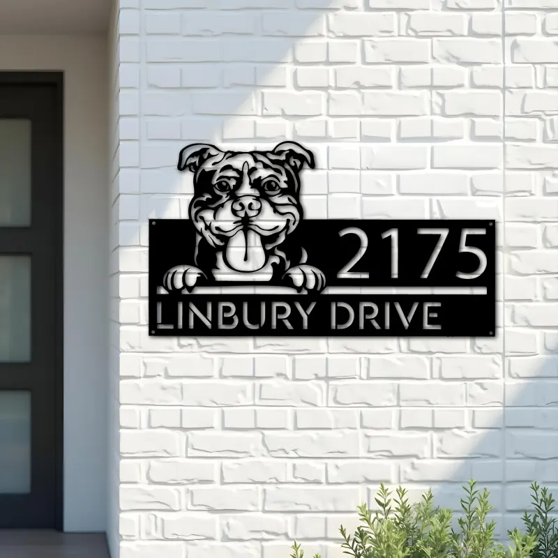 Custom Metal American Bully dog cute puppy Metal Address Sign House number Hanging Address Plaque Yard Sign Outdoor decor