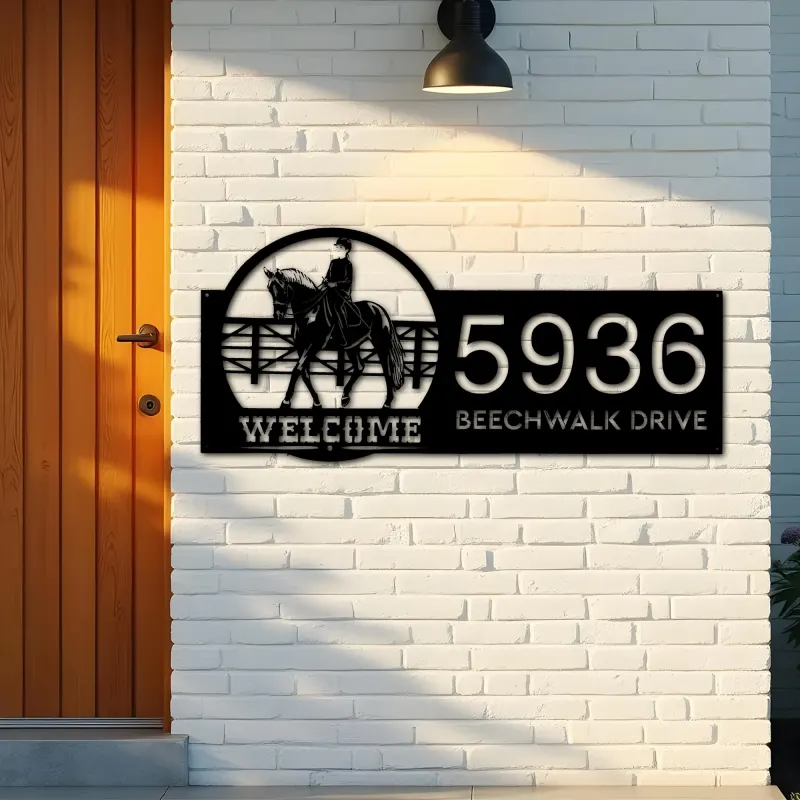 Custom Metal Horse Rider welcome Metal Address Sign, House number, Outdoor Number Signage, Yard Sign Address Plate