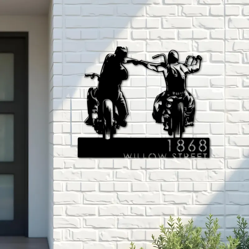 Custom Metal Biker brothers fist bump Motocycle riders Metal Address Sign, House number, Outdoor Number Signage, Yard Sign Address Plate