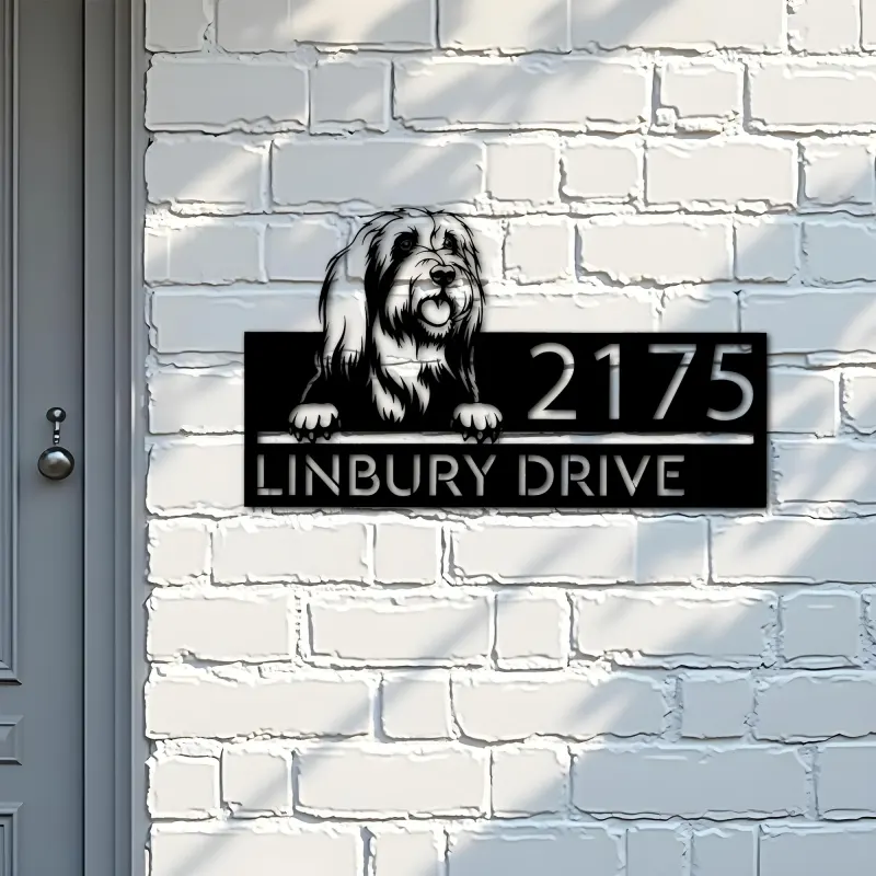 Custom Metal Bearded collie dog Puppy Metal Address Sign House number Hanging Address Plaque Yard Sign Outdoor decor