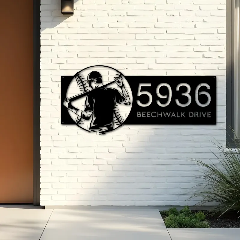 Custom Metal Baseball player Sport Metal Address Sign, House number, Outdoor Number Signage, Yard Sign Address Plate001