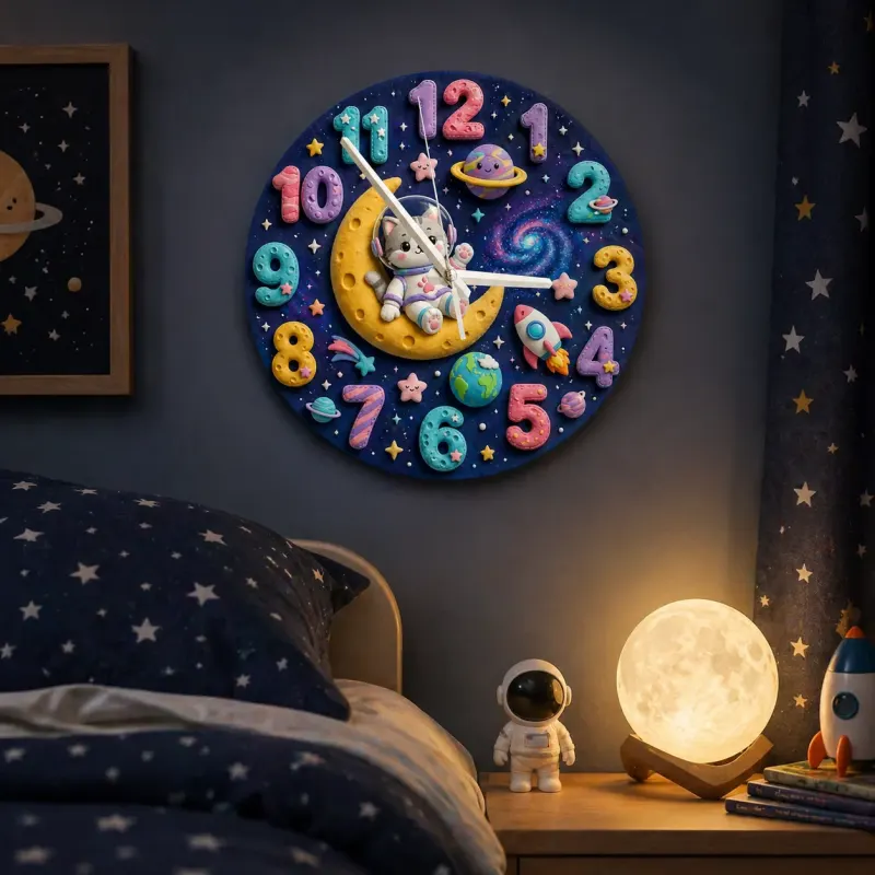 Astronaut Cat Galaxy Kids Room Wall Clock