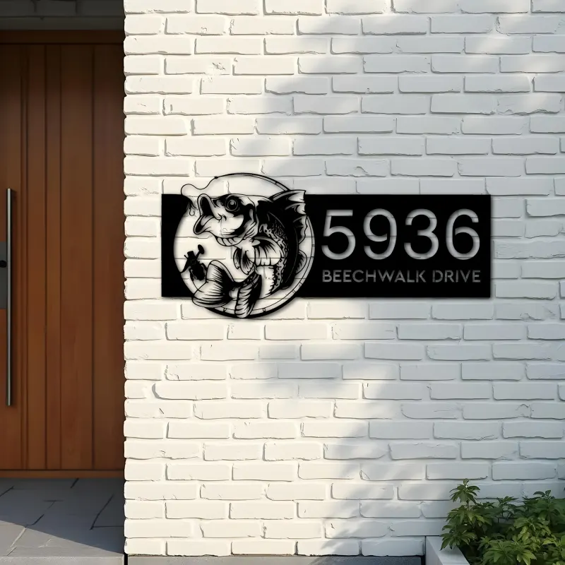Custom Metal Bass fishing rod bait hook Metal Address Sign, House number, Outdoor Number Signage, Yard Sign Address Plate