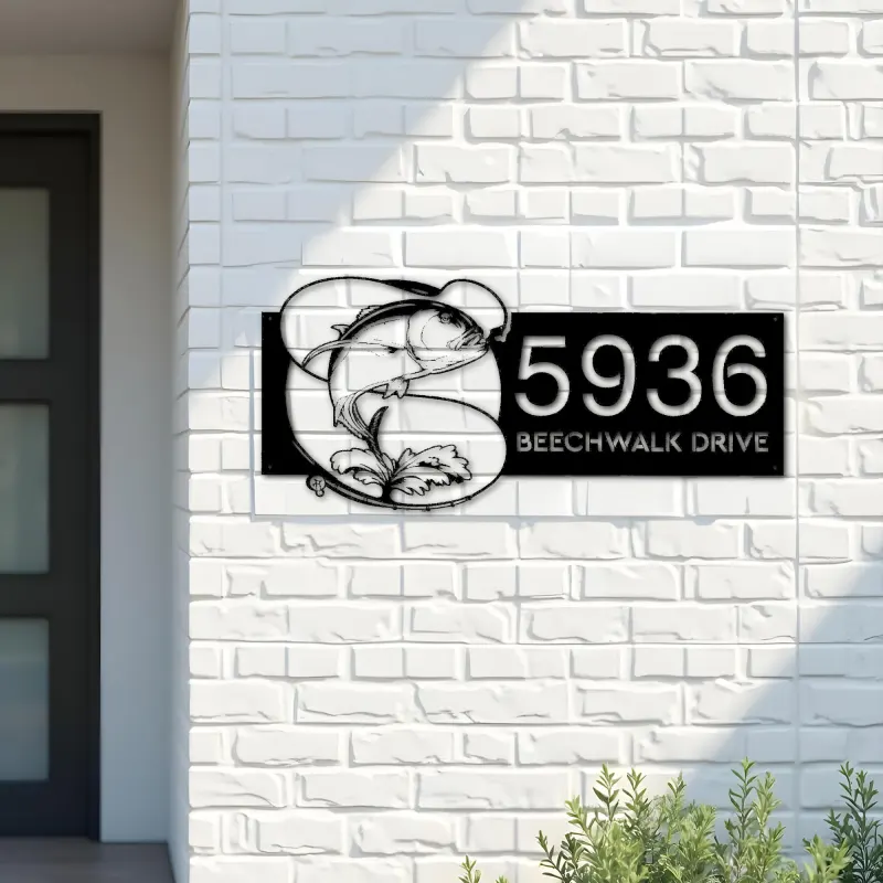 Custom Metal Trevally fishing rod bait hook Metal Address Sign, House number, Outdoor Number Signage, Yard Sign Address Plate