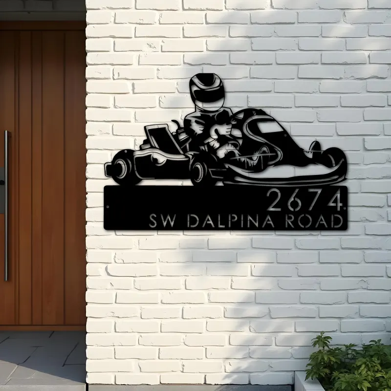 Custom Metal Go kart driver racing Metal Address Sign, House number, Outdoor Number Signage, Yard Sign Address Plate