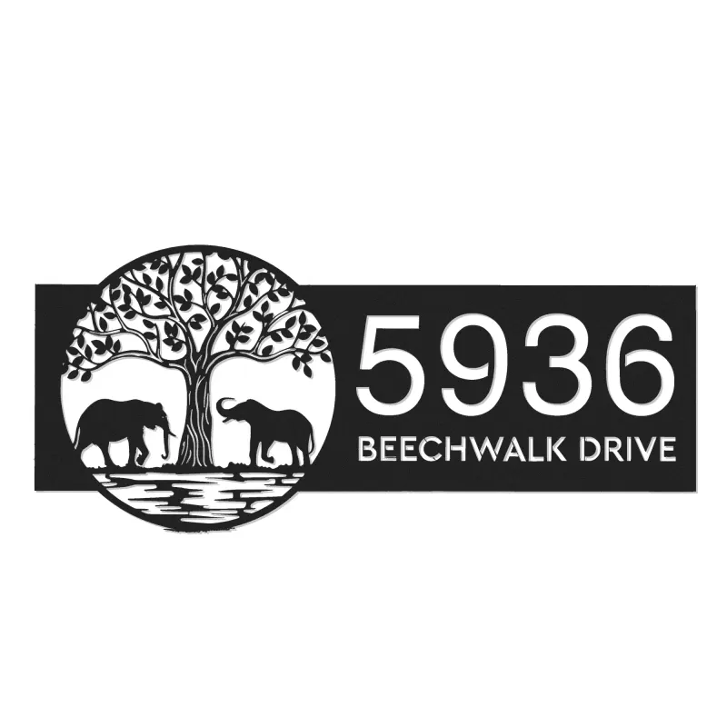 Custom Metal Leafy Tree and Couple Elephants Metal Address Sign, House number, Outdoor Number Signage, Yard Sign Address Plate