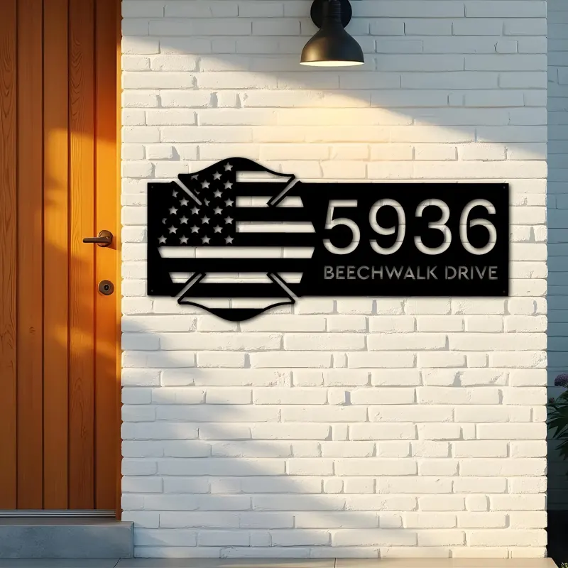 Custom Metal Fire department fireman US flag Metal Address Sign, House number, Outdoor Number Signage, Yard Sign Address Plate