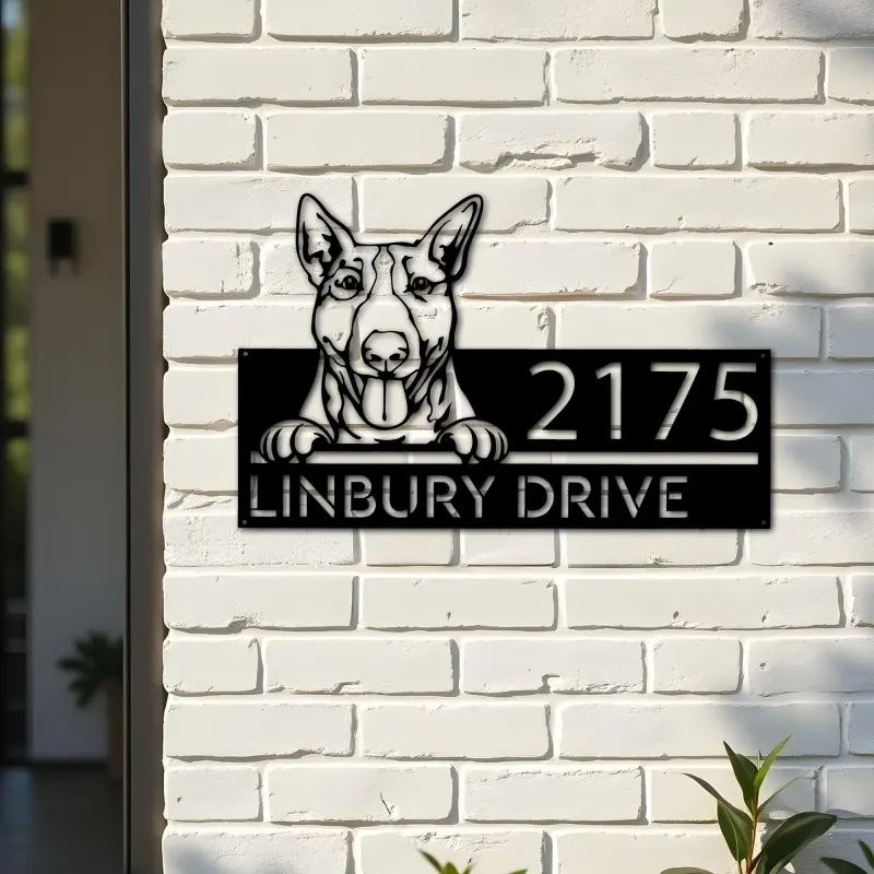 Custom Metal Bull Terrier dog cute puppy Metal Address Sign House number Hanging Address Plaque Yard Sign Outdoor decor