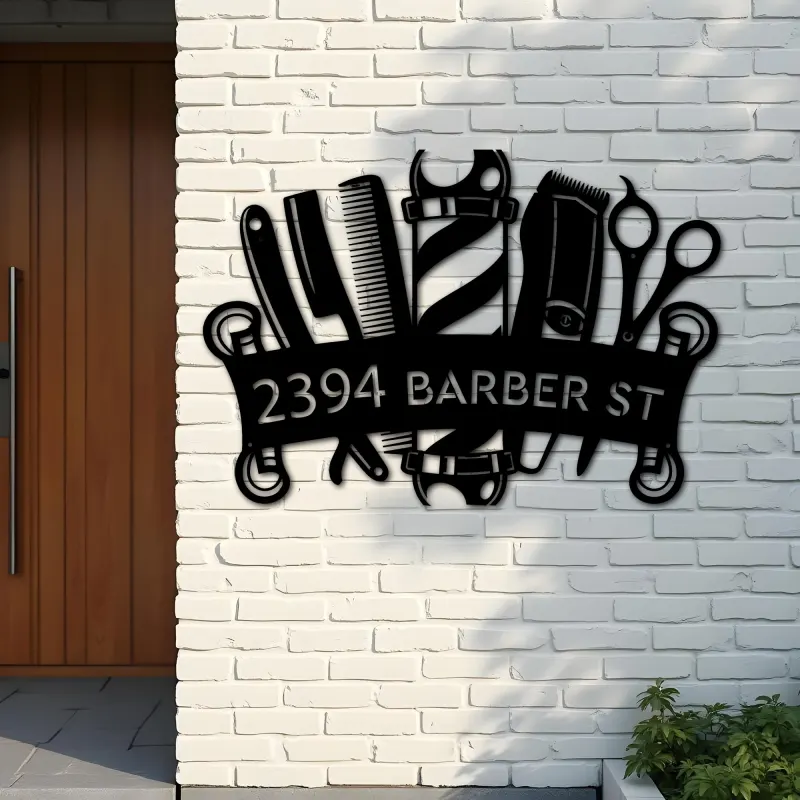 Custom Metal Barbershop Hair Stylist Barber Metal Address Sign, House number, Outdoor Number Signage, Yard Sign Address Plate