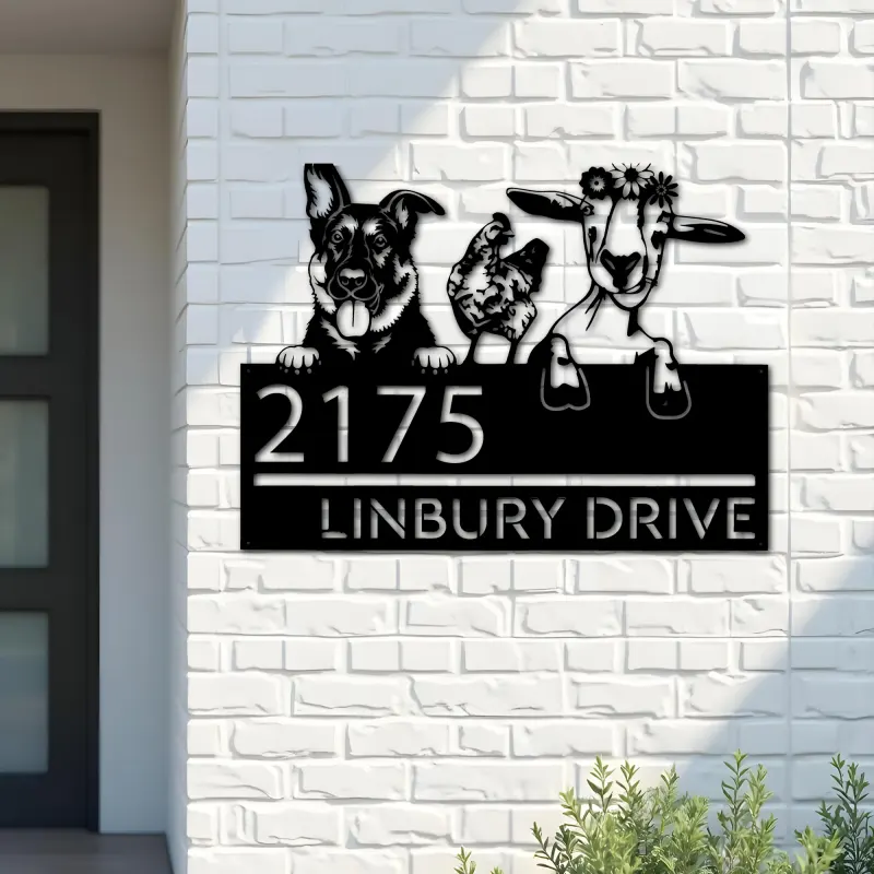 Custom Metal German shepherd chicken and goat Metal Address Sign, House number, Outdoor Number Signage, Yard Sign Address Plate