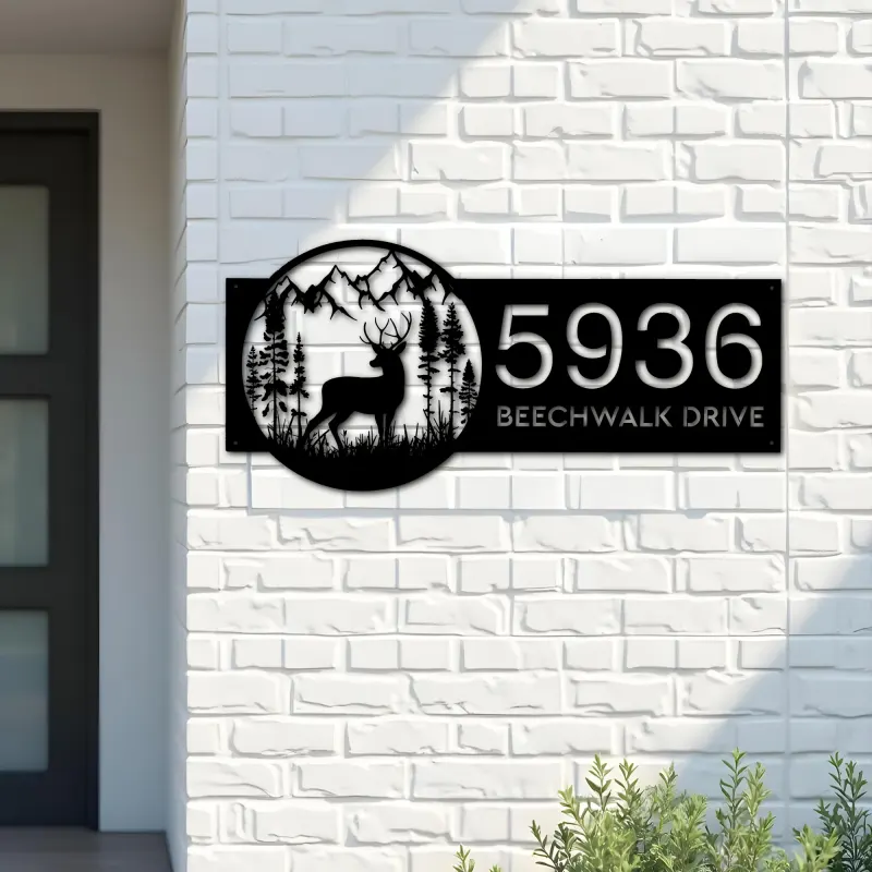 Custom Metal Deer forest scene wild life Metal Address Sign, House number, Outdoor Number Signage, Yard Sign Address Plate
