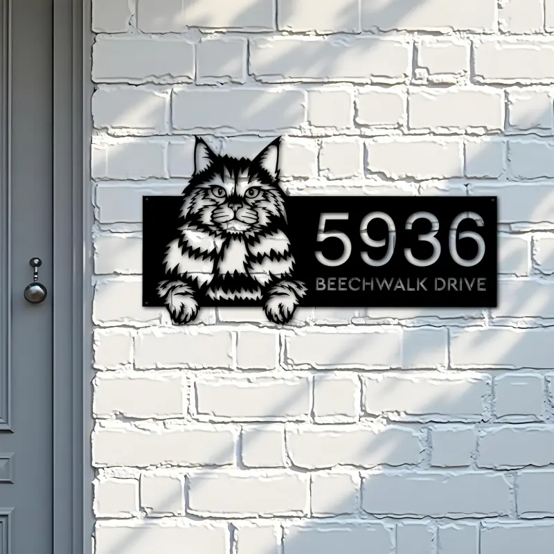 Custom Metal Siberian Cute peeking cat kitten Metal Address Sign, House number, Outdoor Number Signage, Yard Sign Address Plate