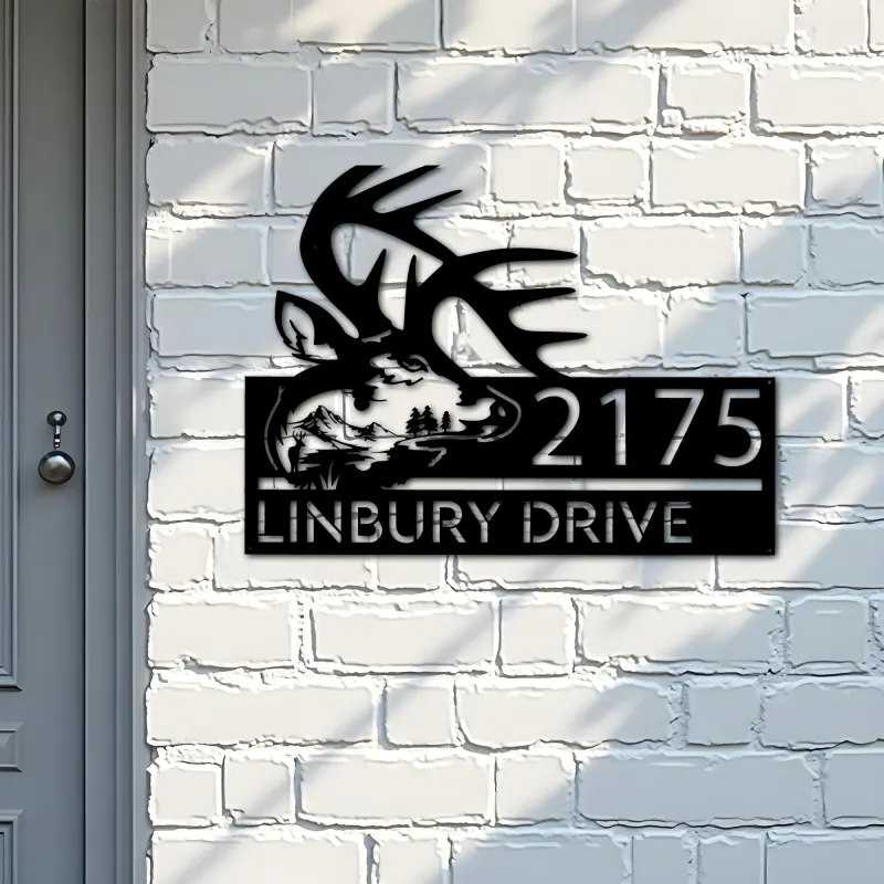 Custom Metal Deer buck head mountain scene Wild life Metal Address Sign, House number, Outdoor Number Signage, Yard Sign Address Plate