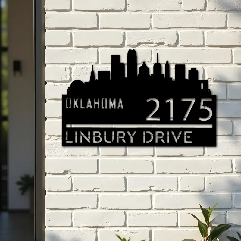 Custom Metal Oklahoma city skyline Metal Address Sign Hanging Address Plaque house number Yard Outdoor Sign