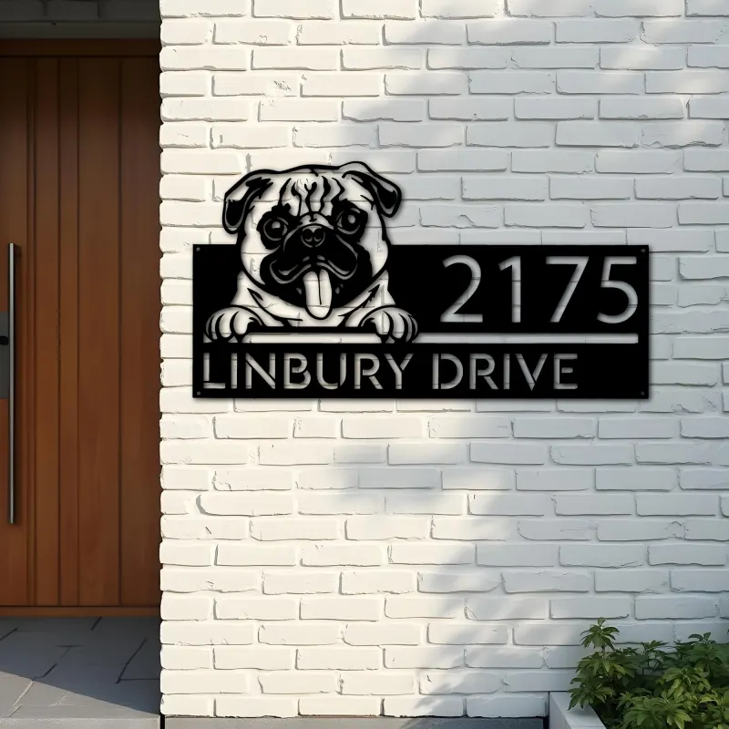 Custom Metal Pug Dog Cute puppy Metal Address Sign House number Hanging Address Plaque Yard Sign Outdoor decor