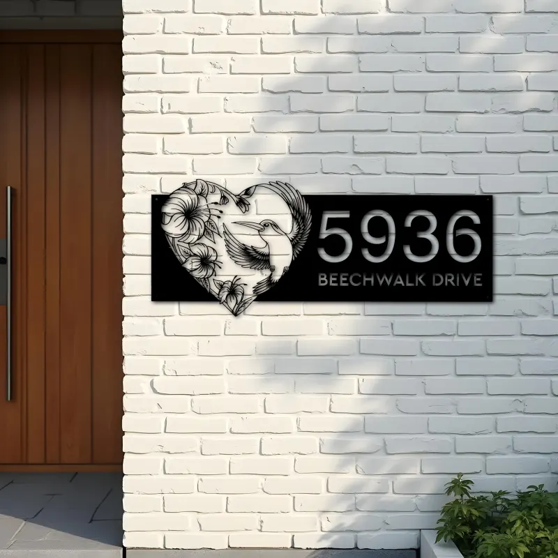 Custom Metal Hummingbird flowers heart shape Metal Address Sign, House number, Outdoor Number Signage, Yard Sign Address Plate