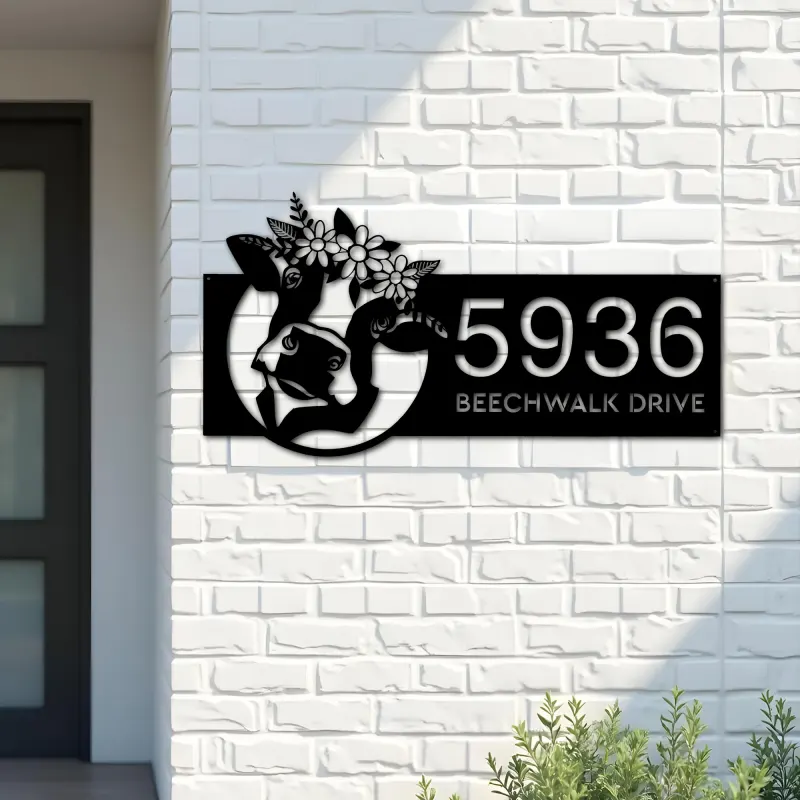 Custom Metal Floral Cow Ranch farmhouse farm animal Metal Address Sign, House number, Outdoor Number Signage, Yard Sign Address Plate
