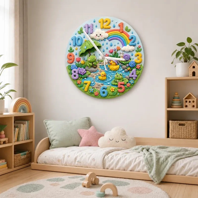 Springtime Frog & Duck Pond Kids Room Wall Clock