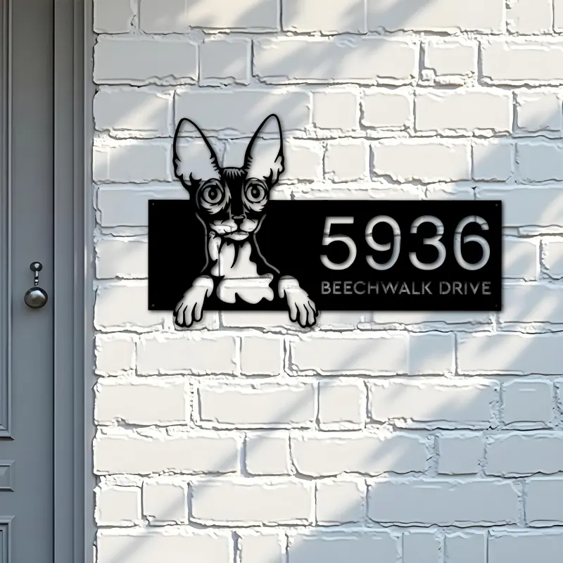 Custom Metal Cornish rex Cute peeking cat kitten Metal Address Sign, House number, Outdoor Number Signage, Yard Sign Address Plate