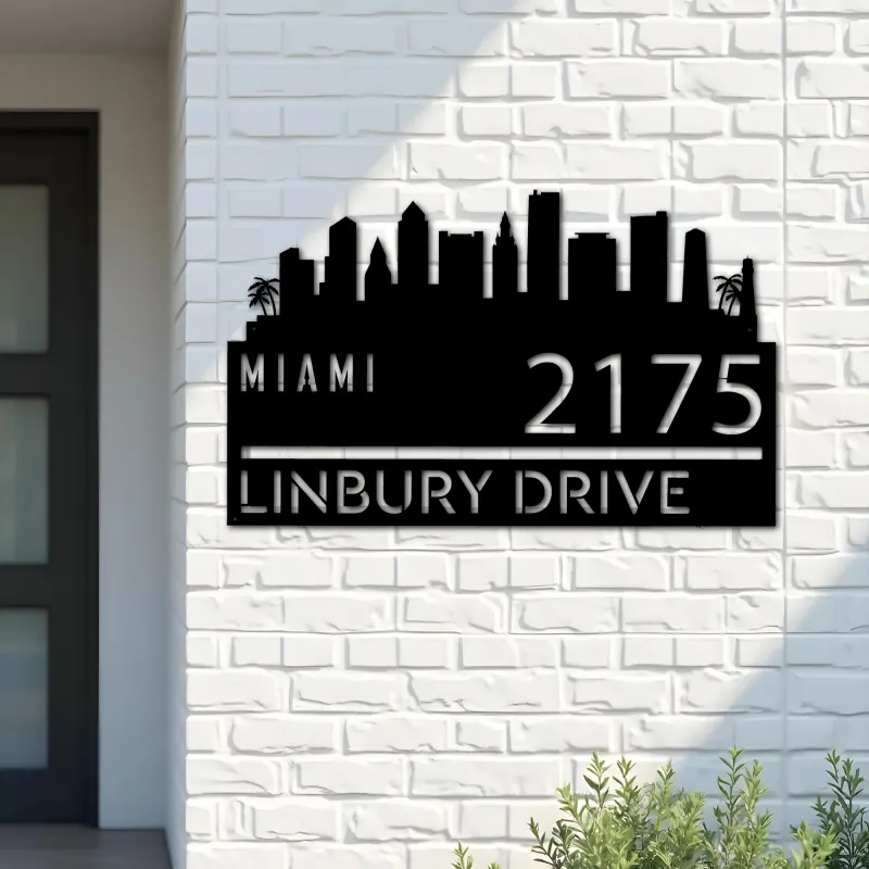 Custom Metal Miami city skyline Metal Address Sign Hanging Address Plaque house number Yard Outdoor Sign