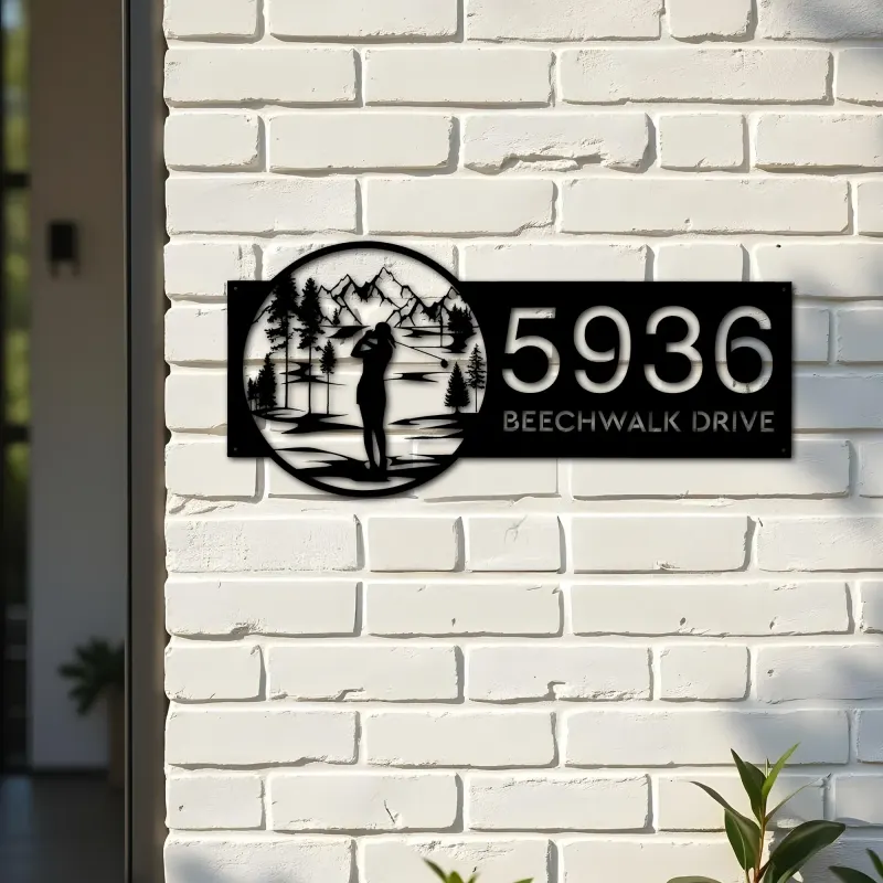 Custom Metal Golf club Golfer Girl Metal Address Sign, House number, Outdoor Number Signage, Yard Sign Address Plate