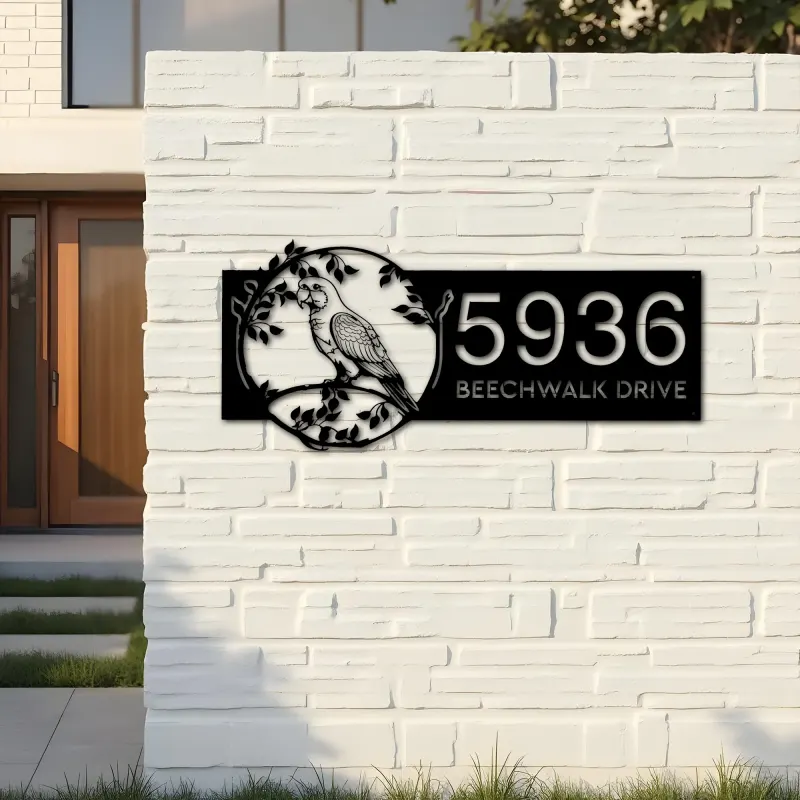 Custom Metal Parrot bird on tree branch Metal Address Sign Custom Hanging Address Plaque House number Yard Sign Outdoor Sign
