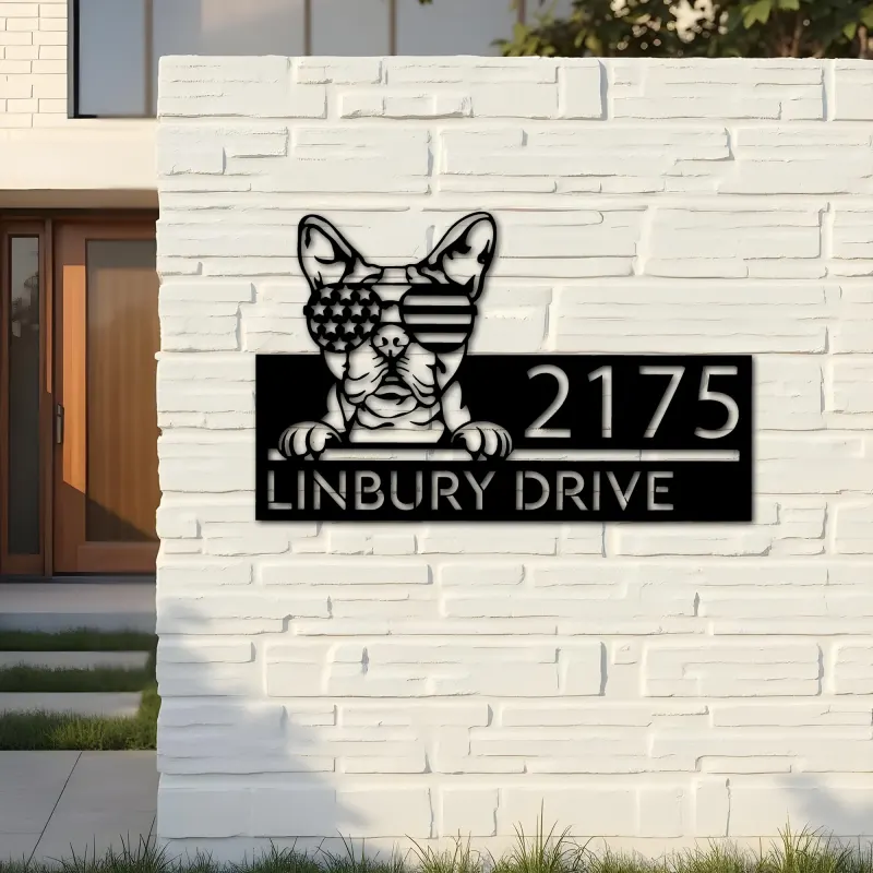 Custom Metal Boston terrier dog US flag glasses Metal Address Sign House number Hanging Address Plaque Yard Sign Outdoor decor