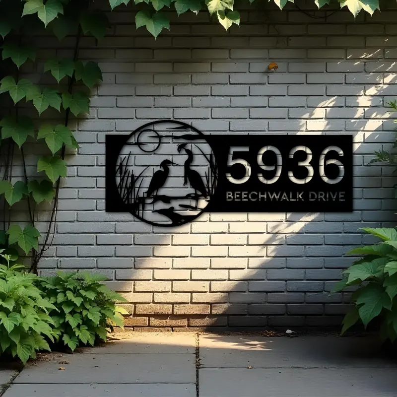 Custom Metal Heron Couple on Lake Metal Address Sign Custom House number Hanging Address Plaque Yard Sign Outdoor