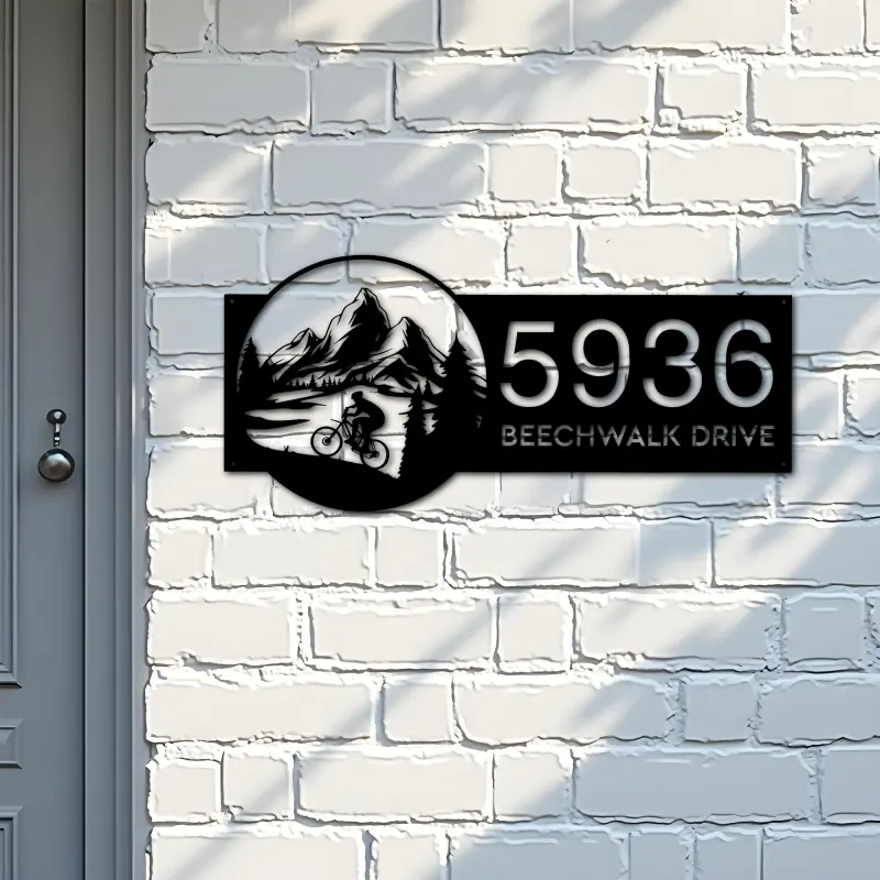 Custom Metal Mountain bike biker MTB Metal Address Sign, House number, Outdoor Number Signage, Yard Sign Address Plate