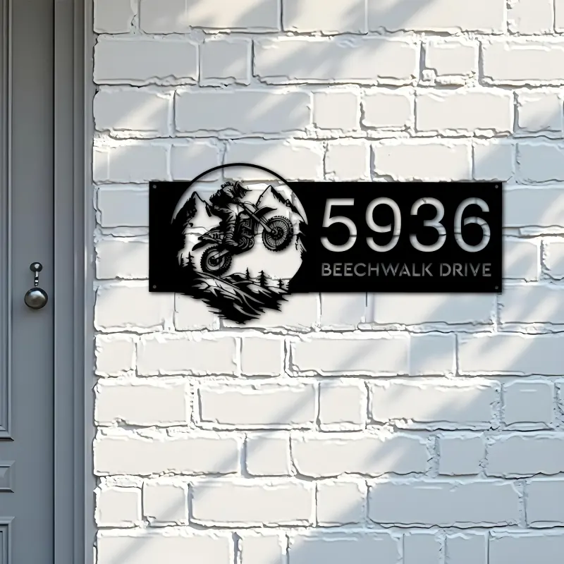 Custom Metal Motocross rider Mountain bike climbing Metal Address Sign, House number, Outdoor Number Signage, Yard Sign Address Plate