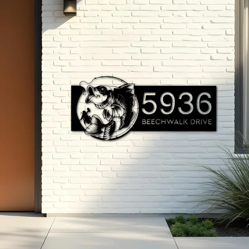 Custom Metal Bass fishing rod bait hook Metal Address Sign, House number, Outdoor Number Signage, Yard Sign Address Plate