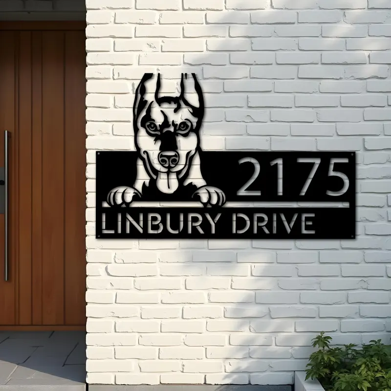 Custom Metal Doberman dog Puppy Metal Address Sign House number Hanging Address Plaque Yard Sign Outdoor decor