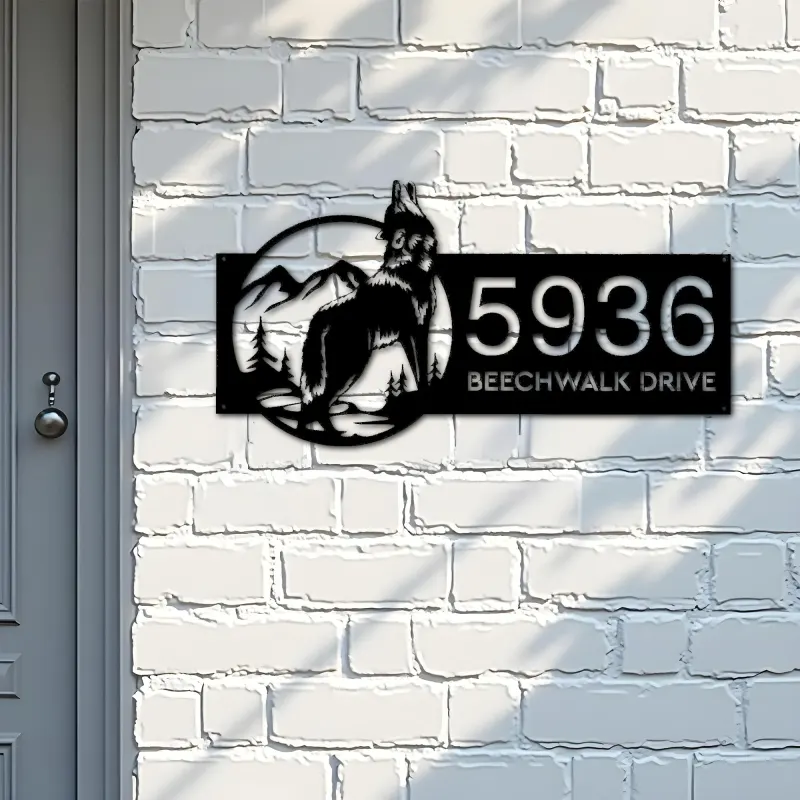 Custom Metal Wolf Mountain scene wild life Metal Address Sign, House number, Outdoor Number Signage, Yard Sign Address Plate