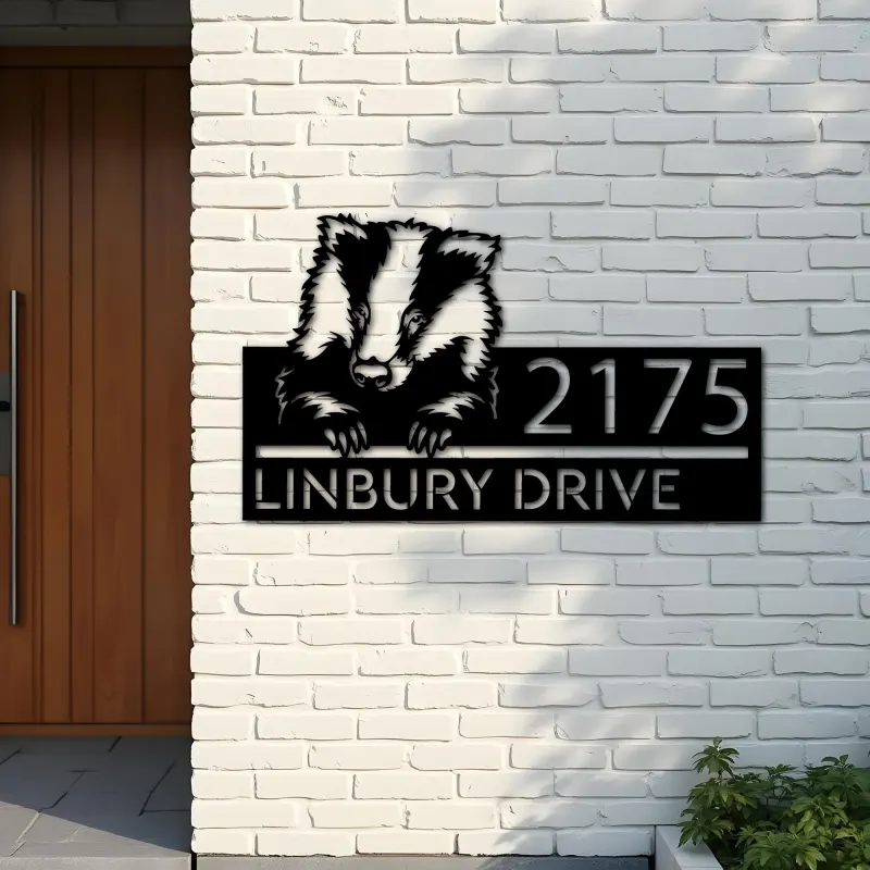 Custom Metal Peeking Badger Wild animal wildlife Metal Address Sign, House number, Outdoor Number Signage, Yard Sign Address Plate