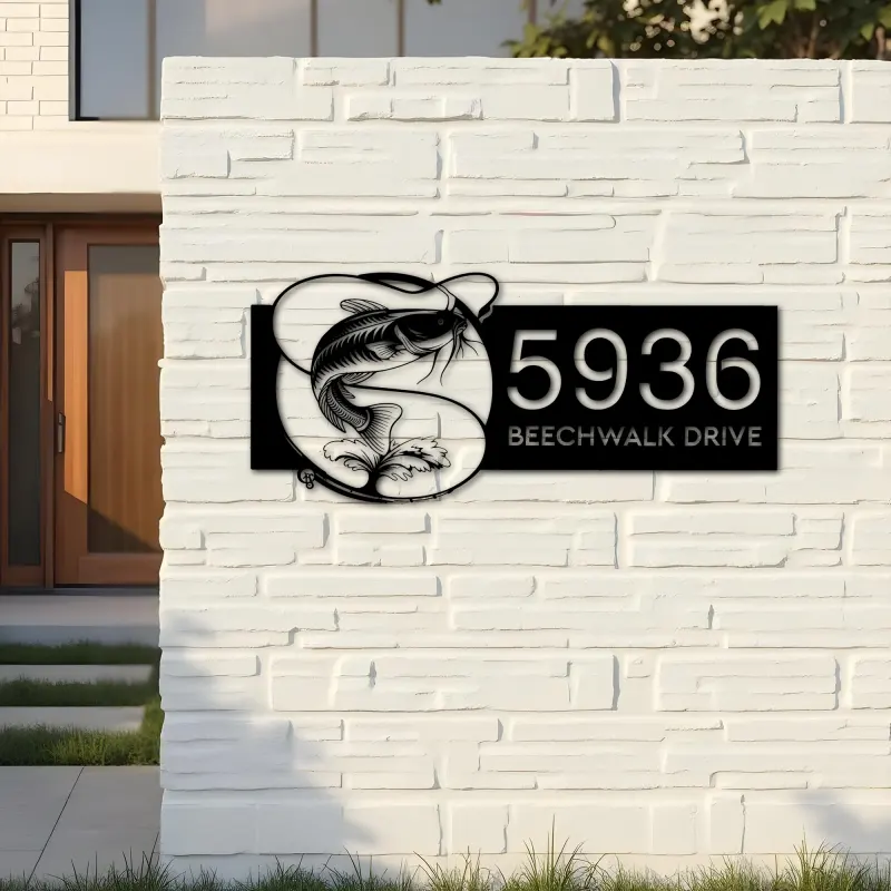 Custom Metal Catfish fishing rod bait hook Metal Address Sign, House number, Outdoor Number Signage, Yard Sign Address Plate