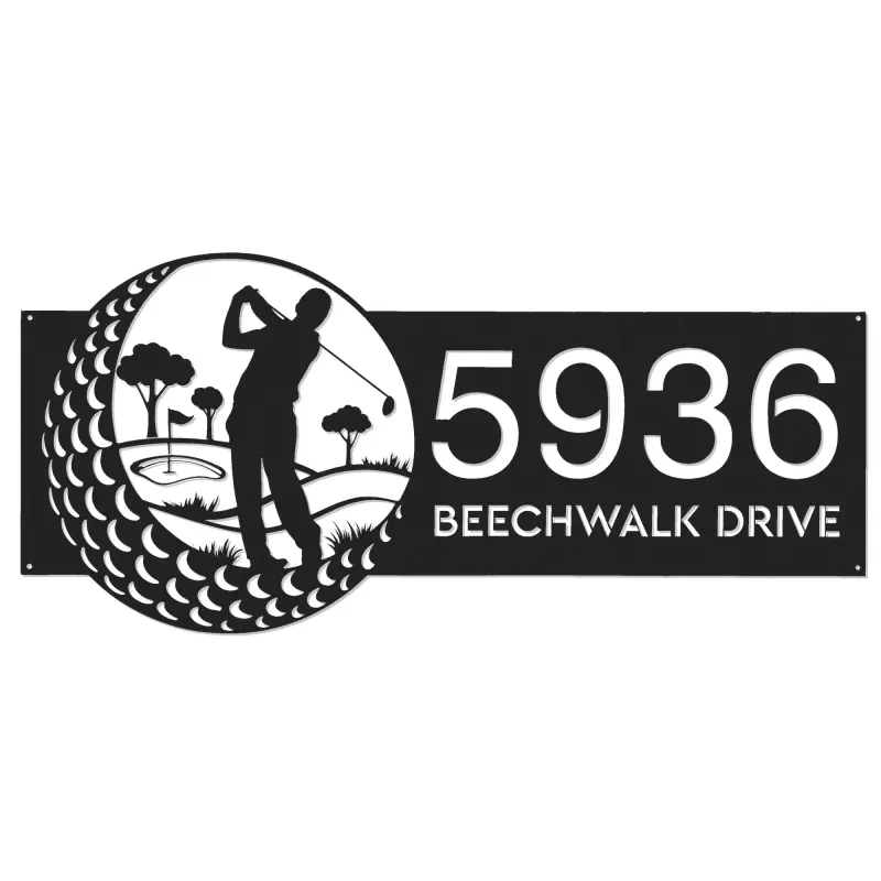 Custom Metal Golfer Golf Club Metal Address Sign, House number, Outdoor Number Signage, Yard Sign Address Plate
