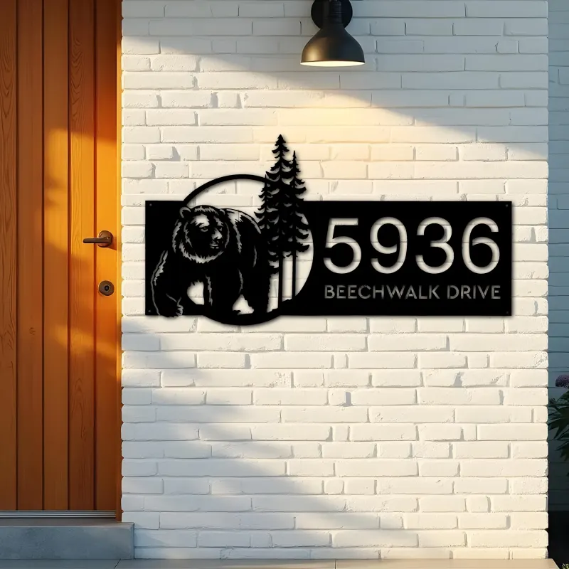 Custom Metal Bear forest scene wild life Metal Address Sign, House number, Outdoor Number Signage, Yard Sign Address Plate