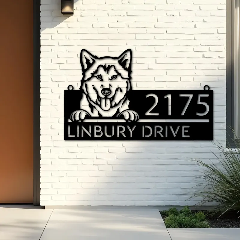 Custom Metal Husky dog Cute puppy Metal Address Sign House number Hanging Address Plaque Yard Sign Outdoor decor