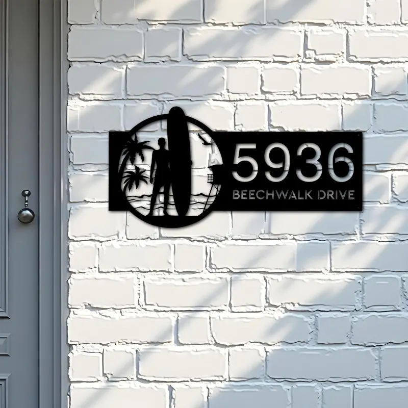 Custom Metal Longboard male Surfer Metal Address Sign, House number, Outdoor Number Signage, Yard Sign Address Plate