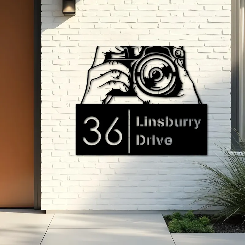 Custom Metal Hands holding camera photography Metal Address Sign, House number, Outdoor Number Signage, Yard Sign Address Plate